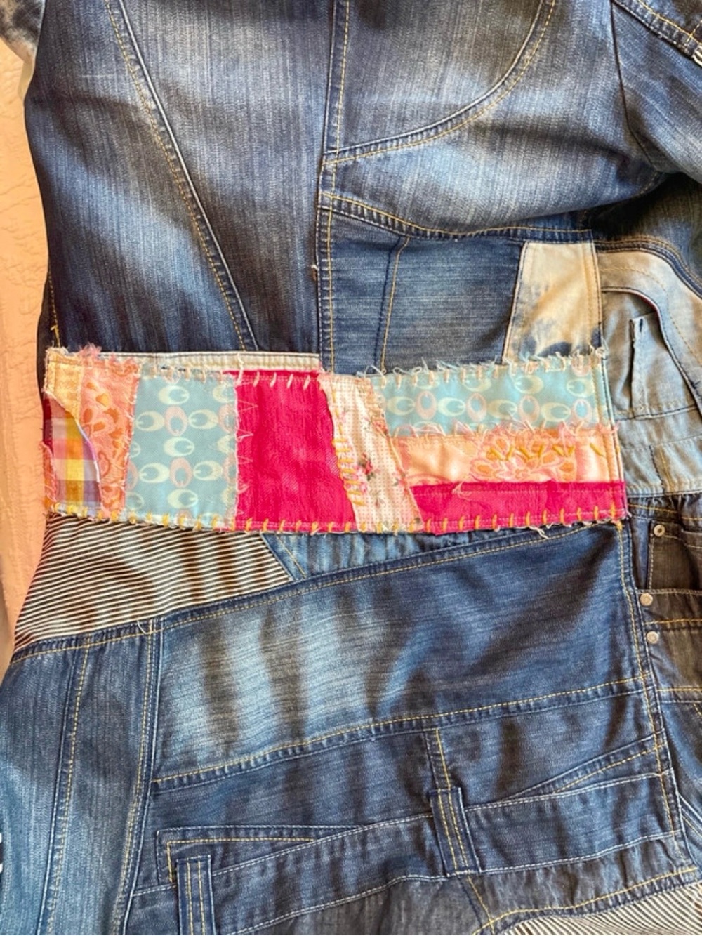 Desigual Patchwork Denim Coat in Light & Dark Blues, Collage & Colorful Buttons - Picture 11 of 14